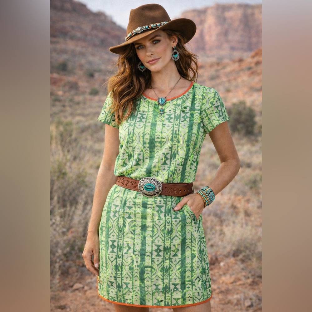 Everly Boho Pattern Pull-Over Bright Green Orange Shift Midi Dress Size S - NWOT